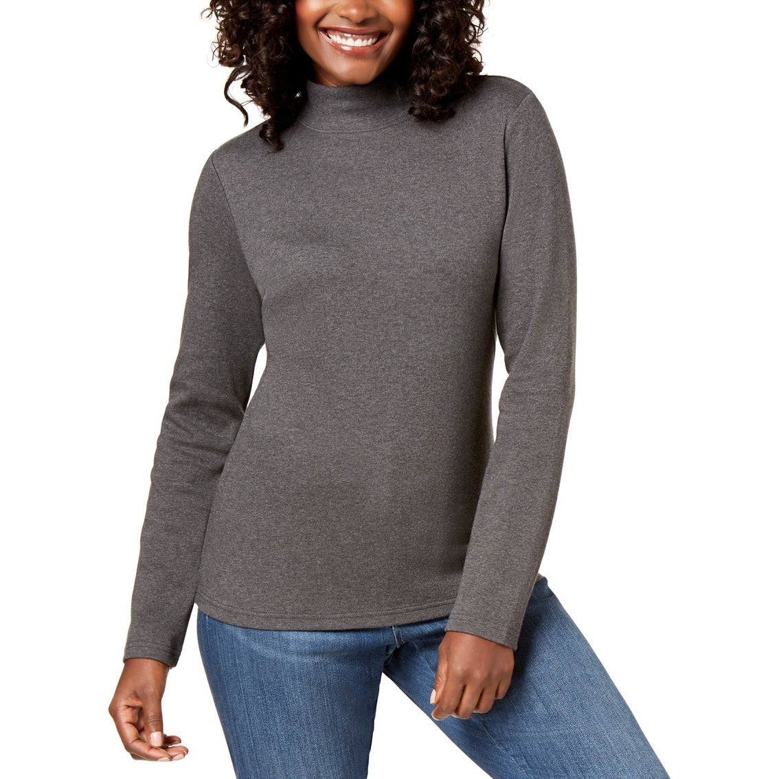 Karen Scott Women's Petite Cotton Mock-Neck Top Gray Size Small