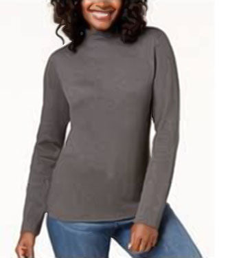 Karen Scott Women's Long-Sleeve Mock-Neck Cotton Top Charcoal Size Petite Petite