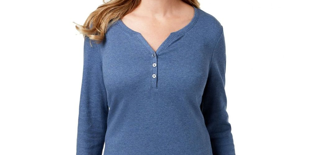 Karen Scott Women's Cotton Henley Top  Blue Size Small