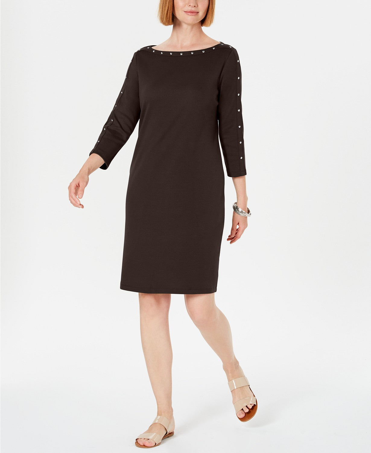 Karen Scott Women's Petite Boat-Neck Studded Dress Brown Size Petite