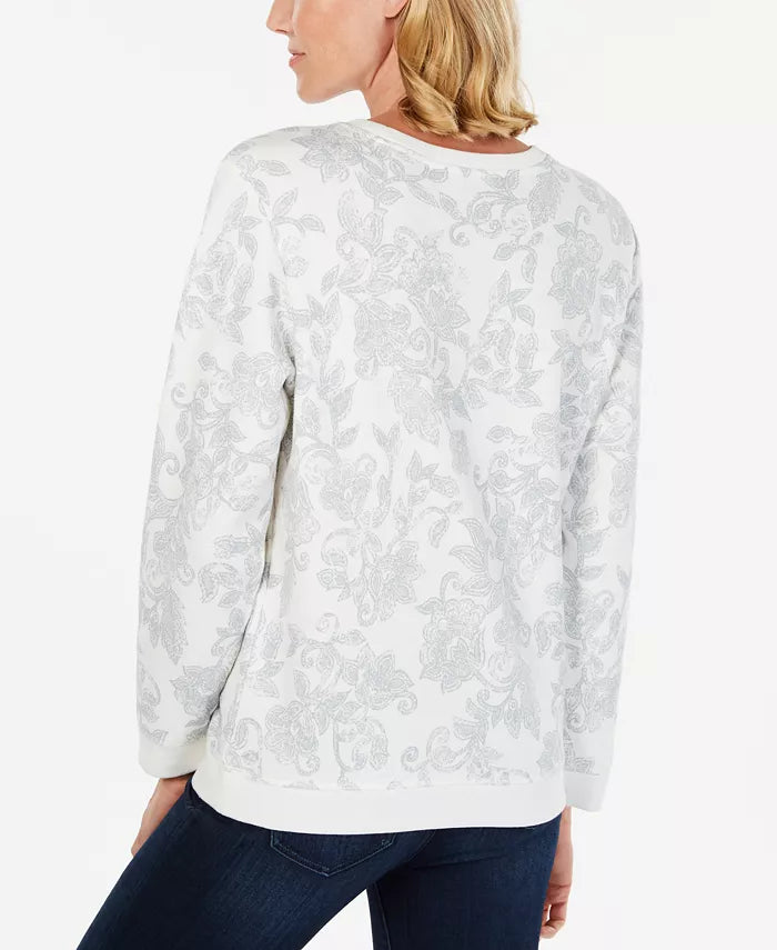 Karen Scott Women's Printed Fleece Sweatshirt  White Size XX-Large