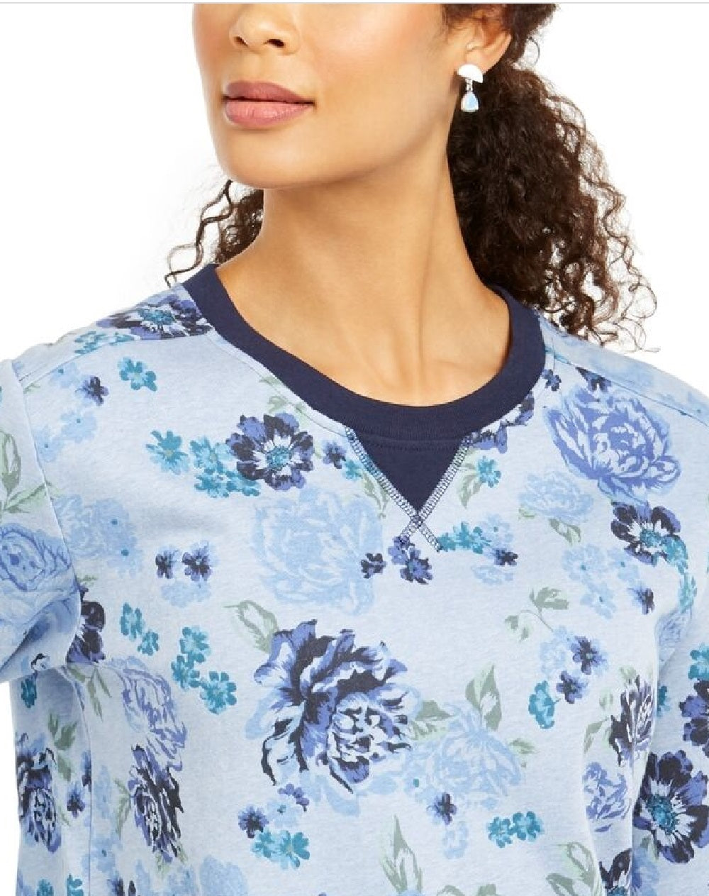 Karen Scott Women's Floral-Print Fleece Sweatshirt Blue Size Medium