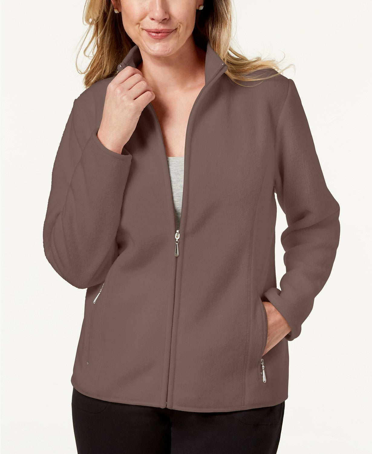 Karen Scott Women's Petite Zeroproof Fleece Jacket Brown Size Petite Medium