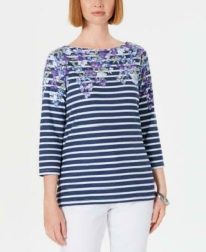 Karen Scott Women's Petite Floral Striped Boat-Neck Top Blue Size Medium