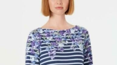 Karen Scott Women's Petite Floral Striped Boat-Neck Top Blue Size Medium