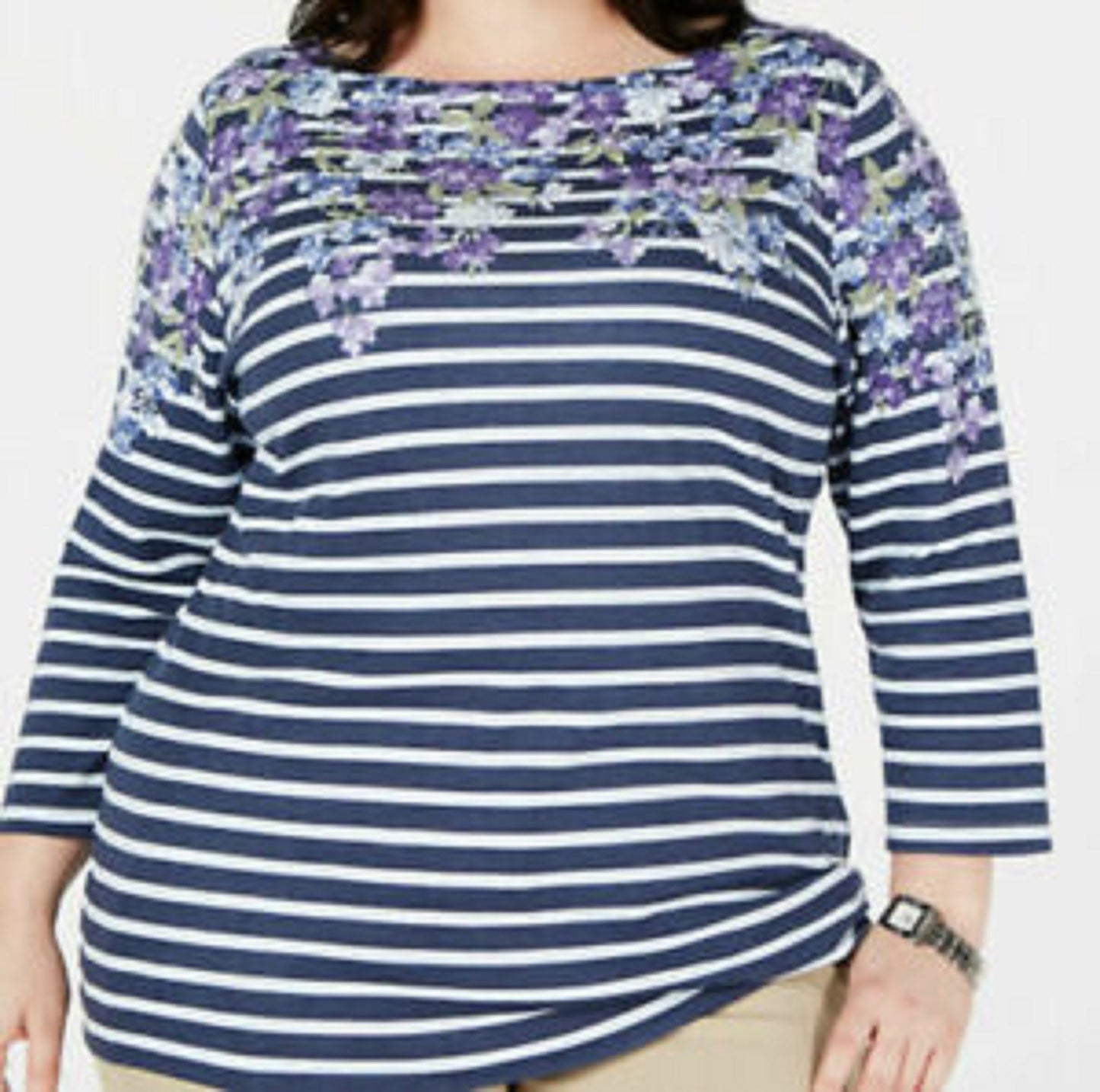 Karen Scott Women's Petite Floral Striped Boat-Neck Top Blue Size Petite