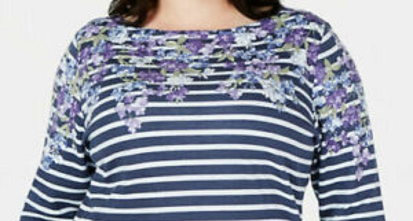 Karen Scott Women's Petite Floral Striped Boat-Neck Top Blue Size Petite
