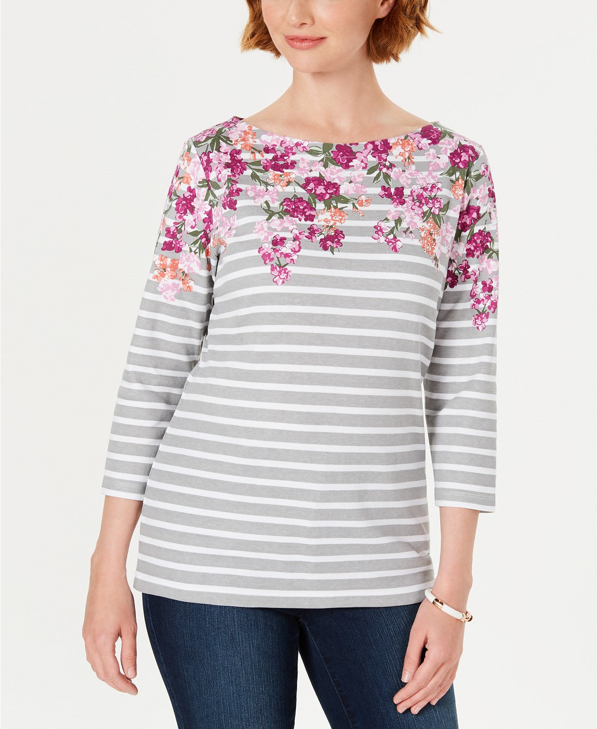 Karen Scott Women's Petite Floral Striped Boat-Neck Top  Gray Size Extra Large