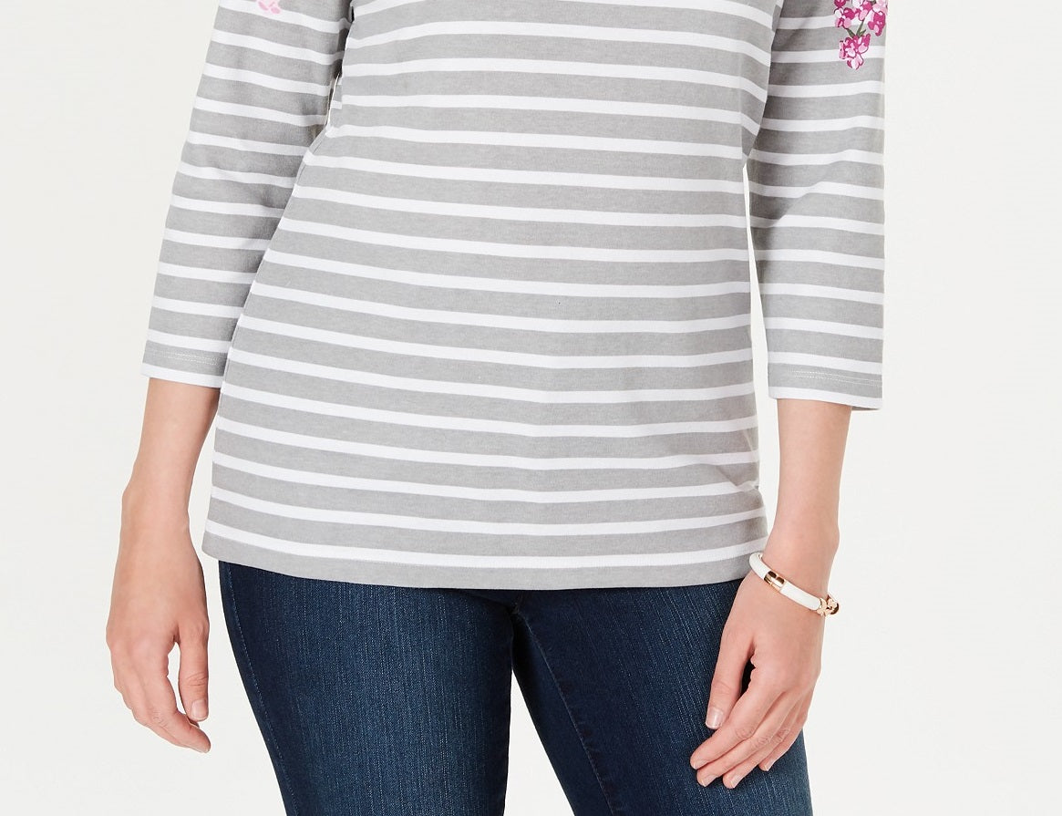 Karen Scott Women's Petite Floral Striped Boat-Neck Top  Gray Size Extra Large