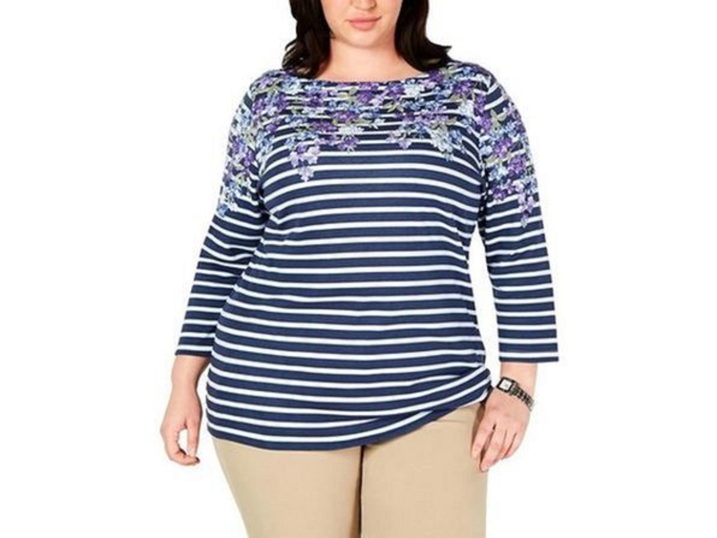 Karen Scott Women's Plus Size Mixed-Print 3/4-Sleeve Top Blue Size 0X