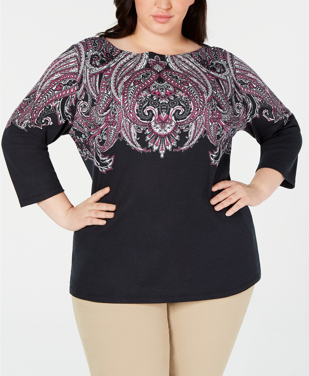 Karen Scott Women's Plus Size Printed 3/4-Sleeve Top Black Size 0X