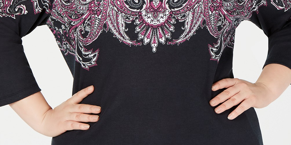 Karen Scott Women's Plus Size Printed 3/4-Sleeve Top Black Size 0X