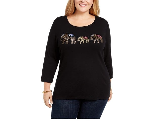 Karen Scott Women's Cotton Elephant Print Top Black Size 0X