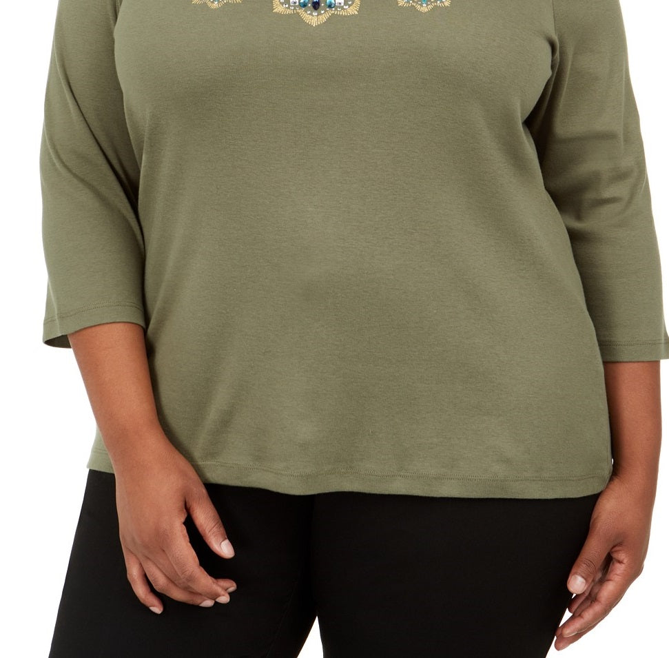 Karen Scott Women's Plus Size Cotton Sequined Graphic Top  Green Size Extra Large