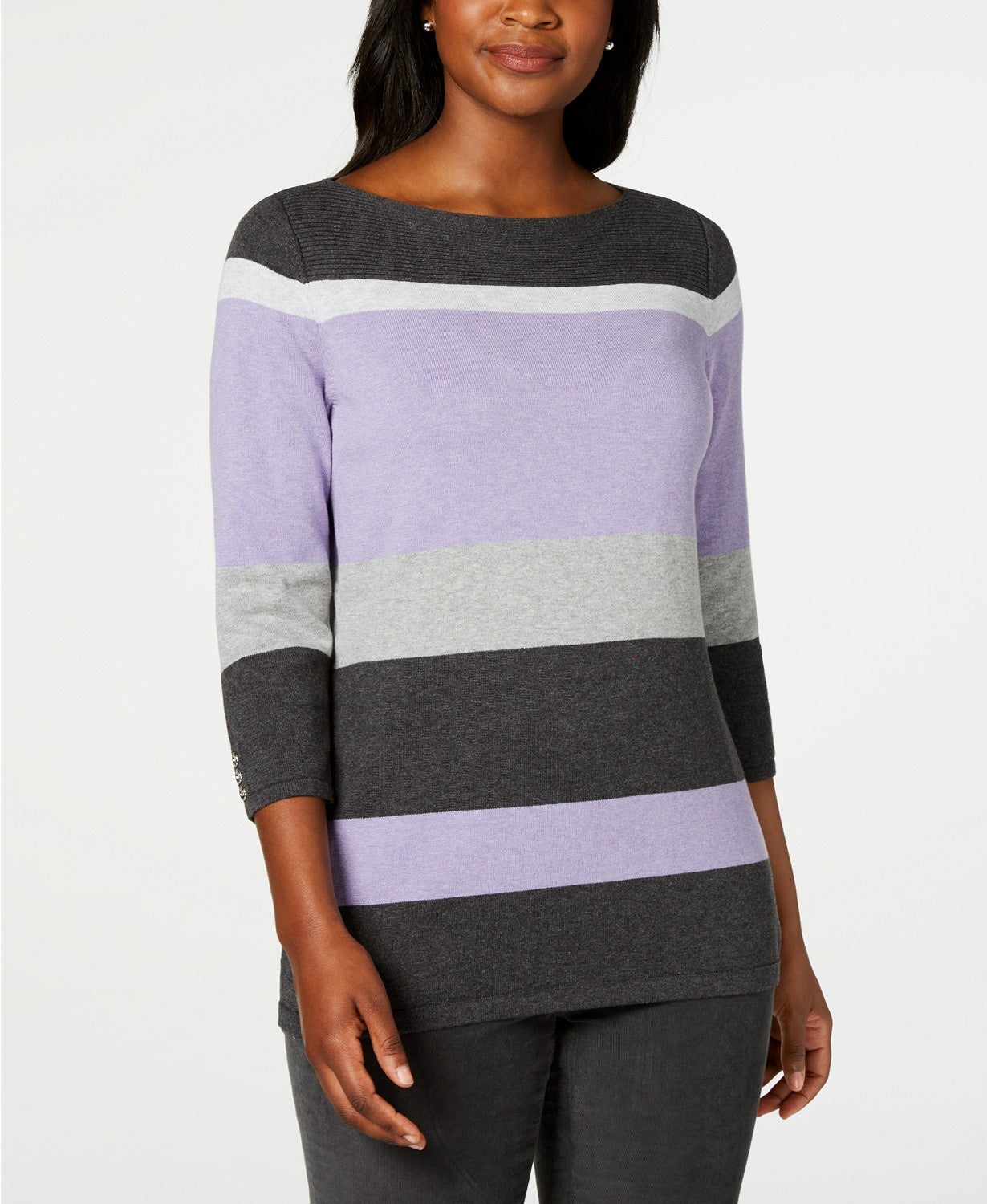 Karen Scott Women's Striped Boatneck Sweater  Purple Size Small