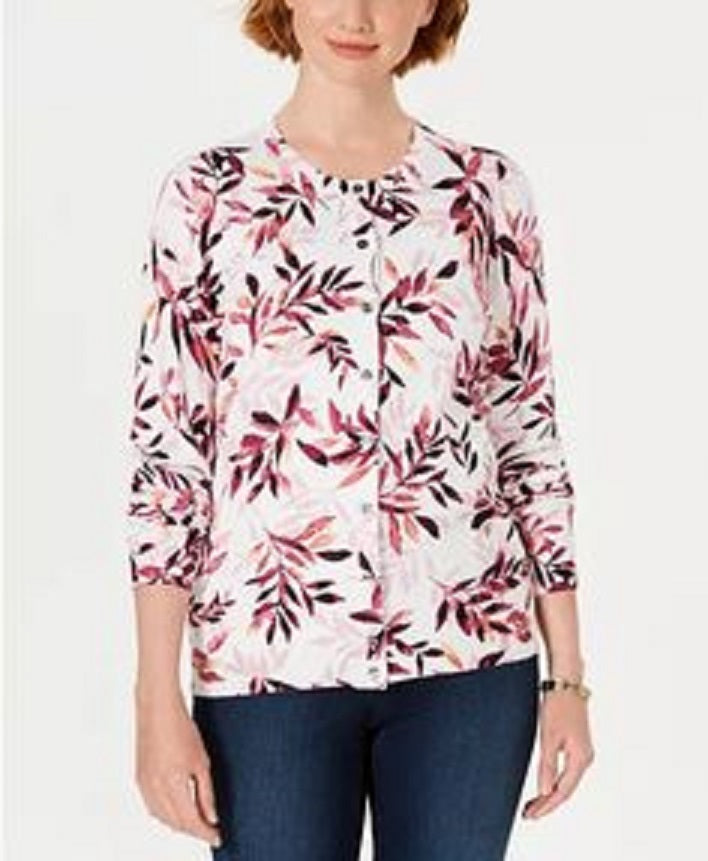 Karen Scott Women's Leaf-Print Cardigan White Size Medium