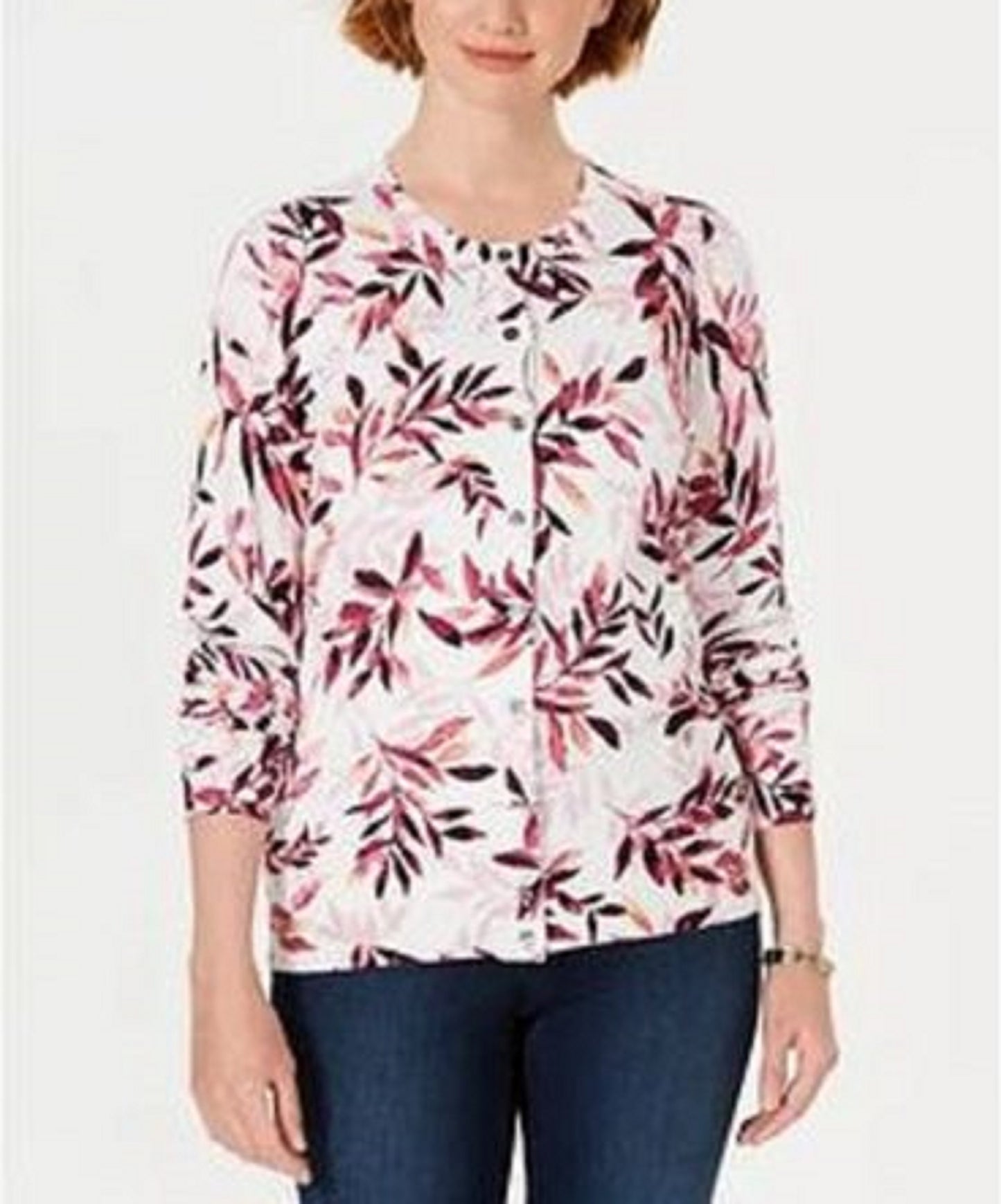 Karen Scott Women's Leaf-Print Cardigan White Size Small