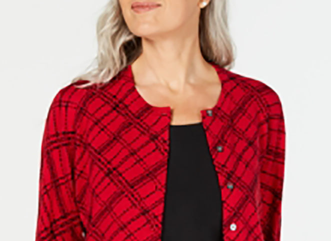 Karen Scott Women's Pamela Plaid Cardigan Bright Red Size Petite Small