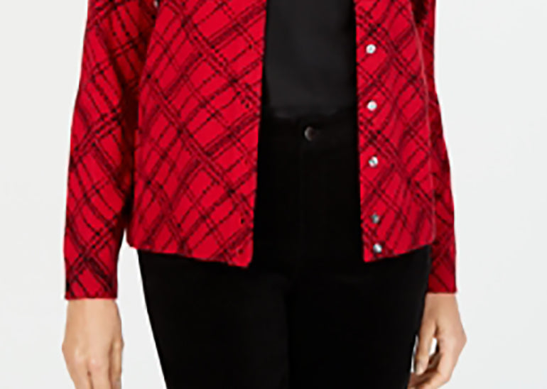 Karen Scott Women's Pamela Plaid Cardigan Bright Red Size Petite Small