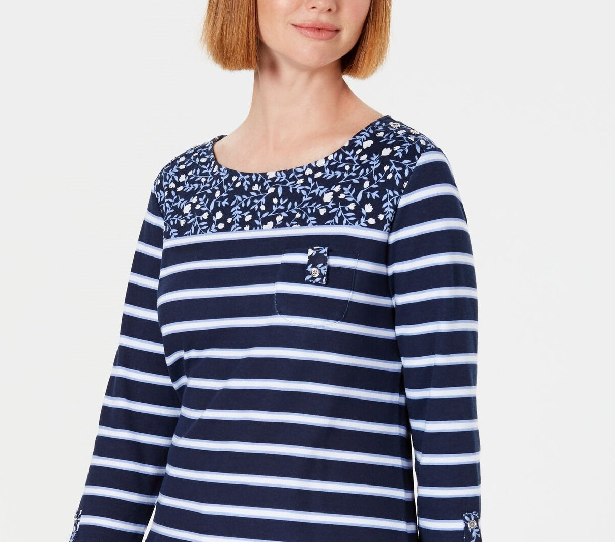 Karen Scott Women's Petite Ditsy Floral & Striped Pocket Top Navy Size Petite Medium