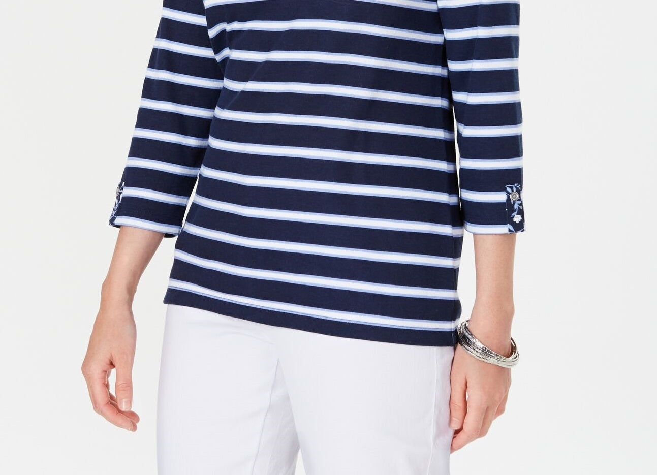 Karen Scott Women's Petite Ditsy Floral & Striped Pocket Top Navy Size Petite Medium