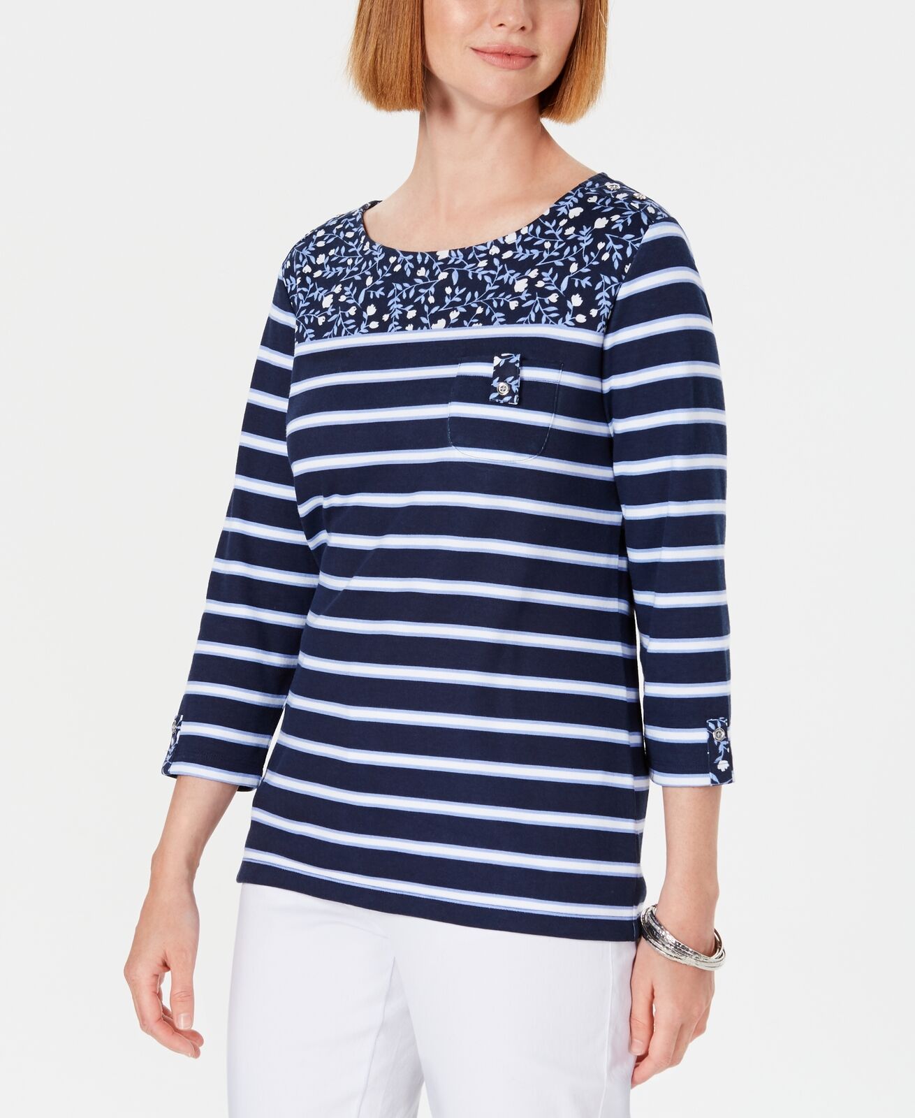 Karen Scott Women's Ditsy Floral & Striped Pocket Top Navy Size Petite Extra Large