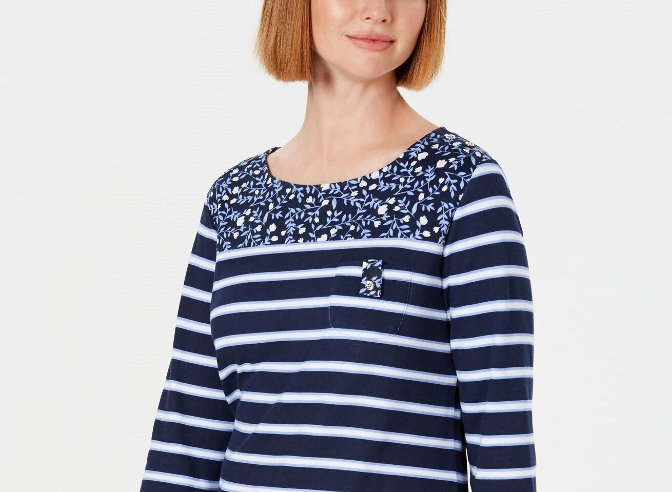 Karen Scott Women's Ditsy Floral & Striped Pocket Top Navy Size Petite Extra Large