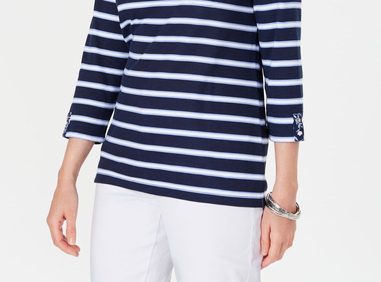 Karen Scott Women's Ditsy Floral & Striped Pocket Top Navy Size Petite Extra Large