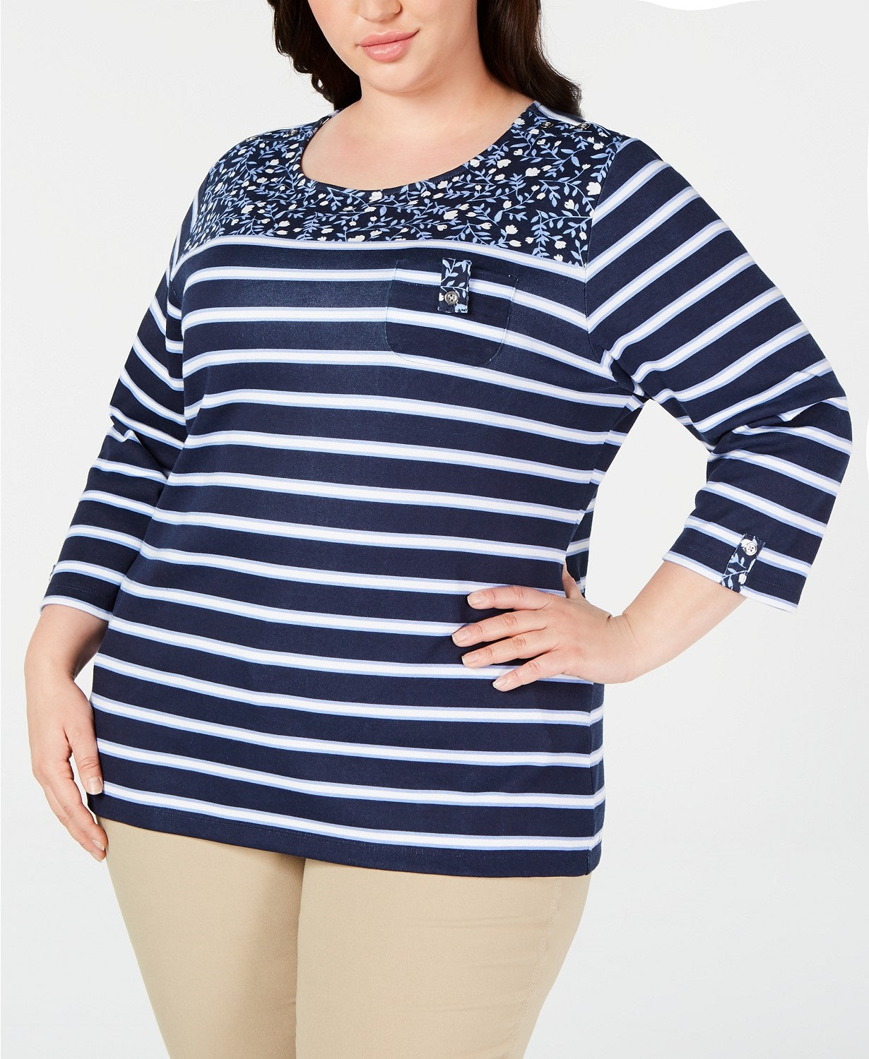 Karen Scott Women's Plus Size Printed 3/4-Sleeve Top Blue Size Extra Large