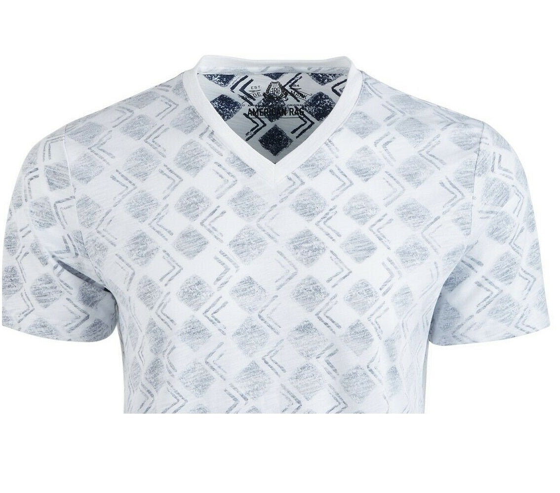 American Rag Mens Geometric Print V-Neck T-Shirt White Size 2 Extra Large