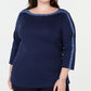 Karen Scott Women's Plus Size Cotton Studded Boat-Neck Top Blue Size 2 Extra Large