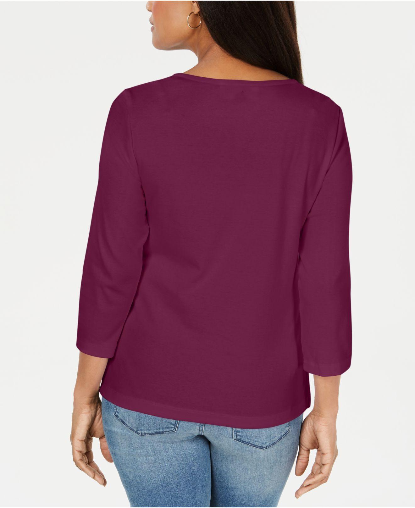 Karen Scott Women's Square-Neck Lace-Stripe Top Red Size Medium