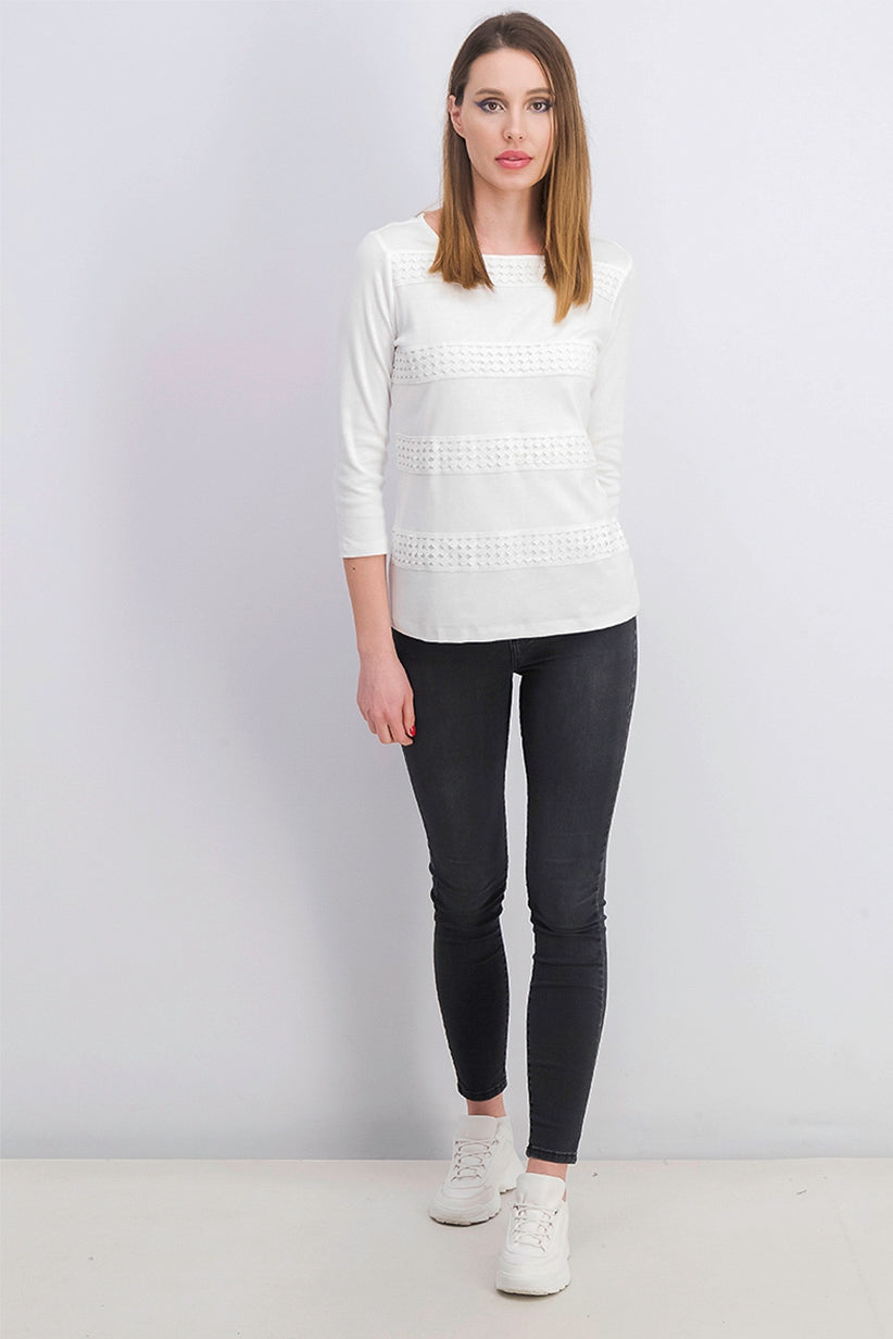 Karen Scott Women's Square-Neck Lace-Stripe Top White Size Small