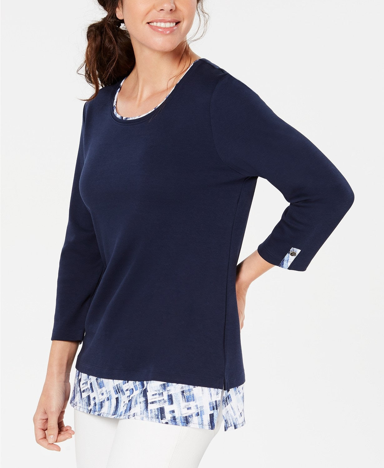 Karen Scott Women's Layered-Look Solid & Plaid Top Navy Size Small