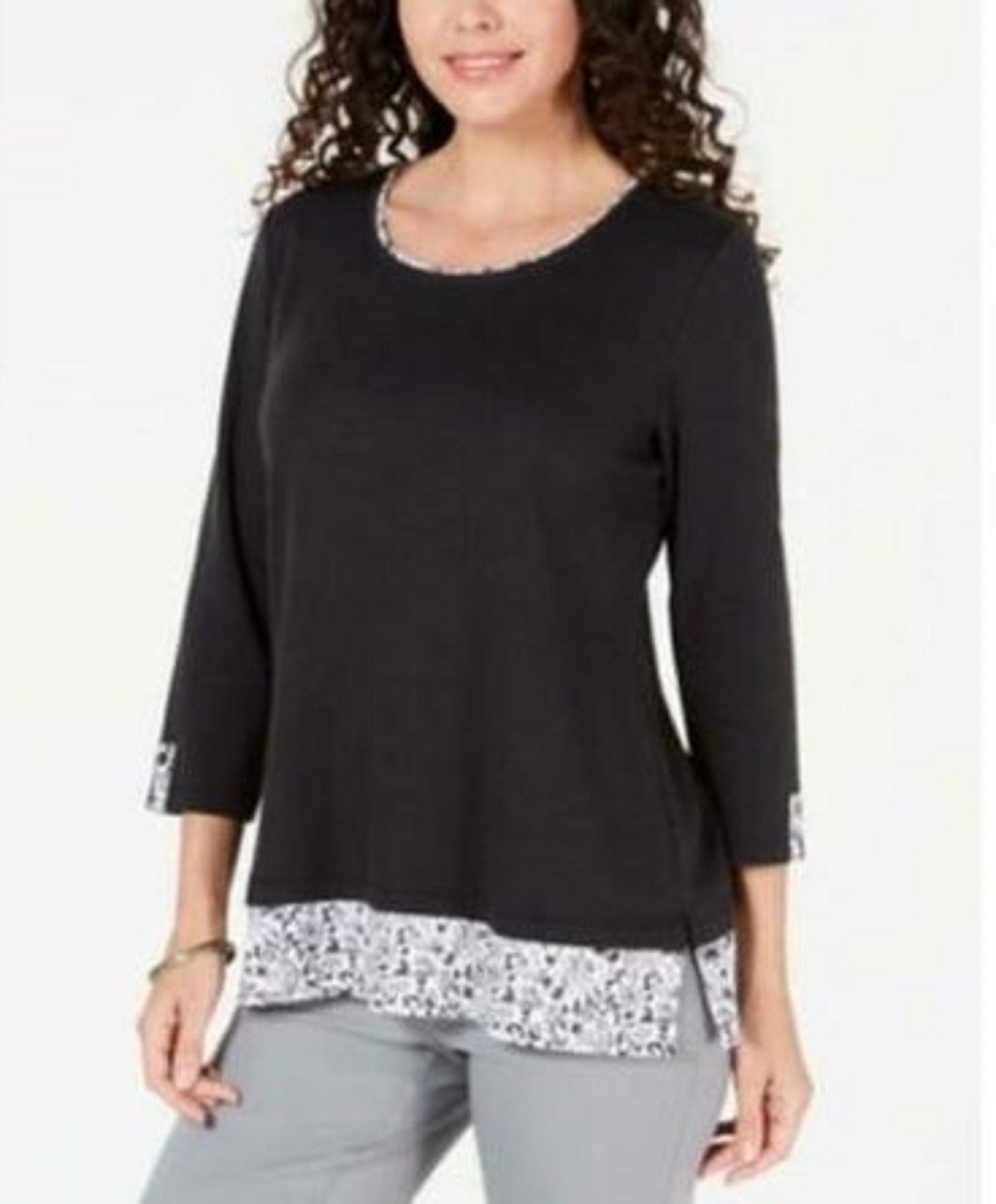Karen Scott Women's Plus Size Printed-Hem 3/4-Sleeve Top Black Size 0X
