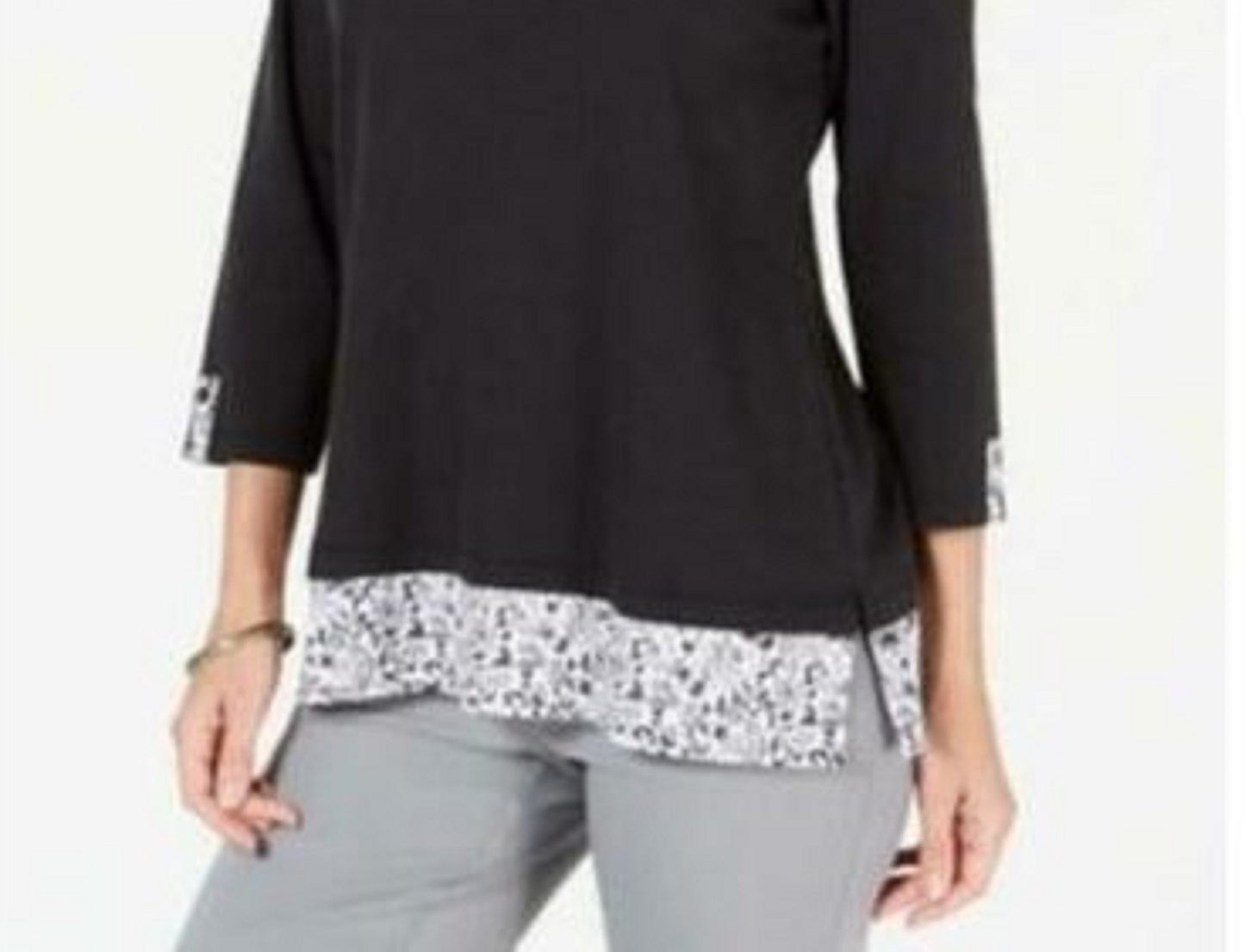 Karen Scott Women's Plus Size Printed-Hem 3/4-Sleeve Top  Black Size 3X