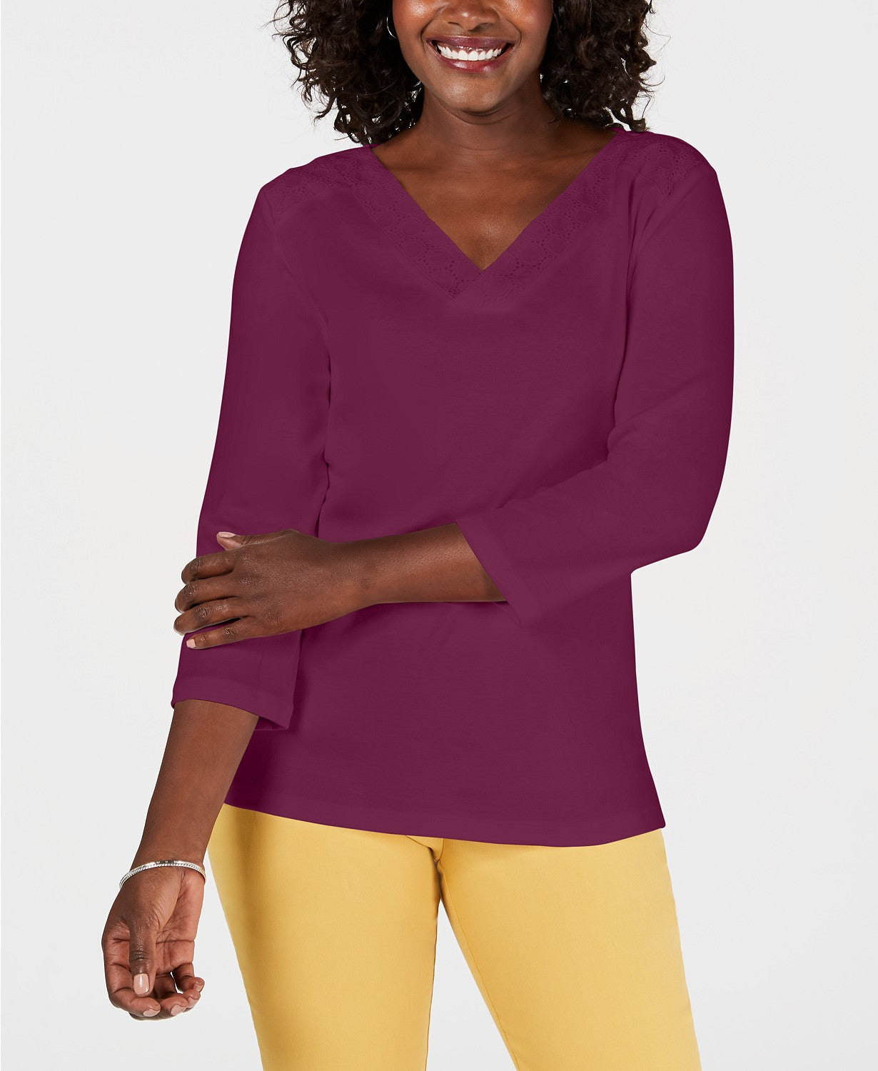 Karen Scott Women's Eyelet-Trim Top Dark Pink Size Small