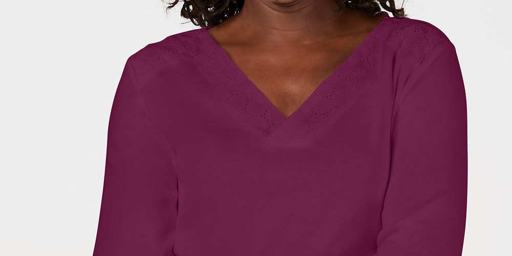 Karen Scott Women's Eyelet-Trim Top Dark Pink Size Small