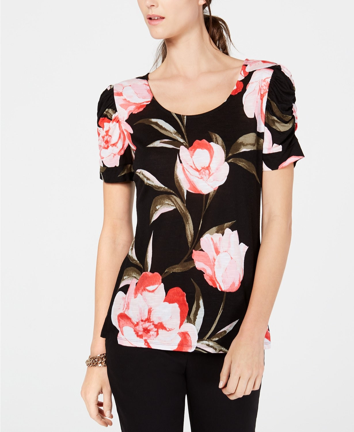 INC International Concepts Printed Puff-Sleeve Top Black Size Small