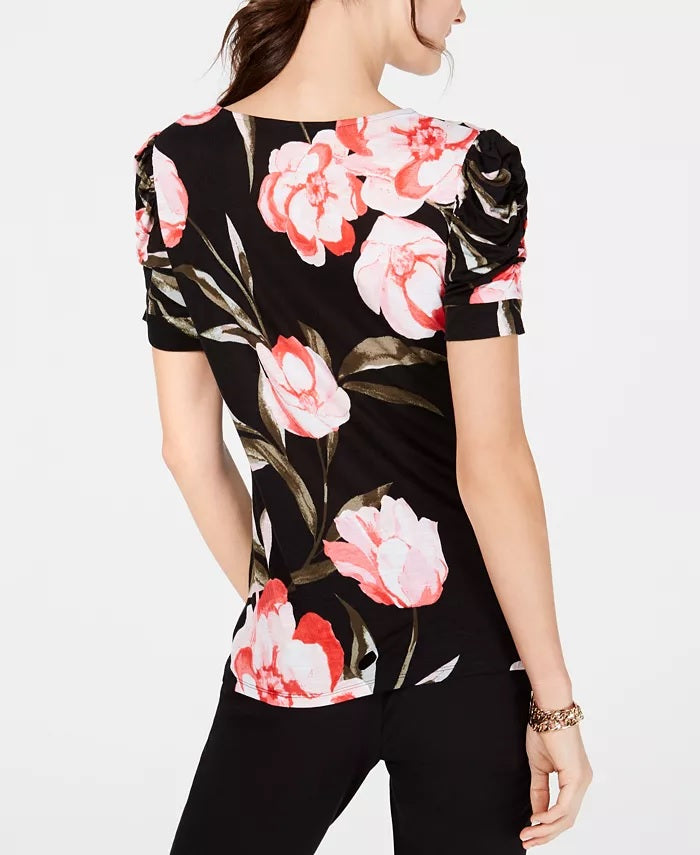 INC International Concepts Printed Puff-Sleeve Top Black Size Small