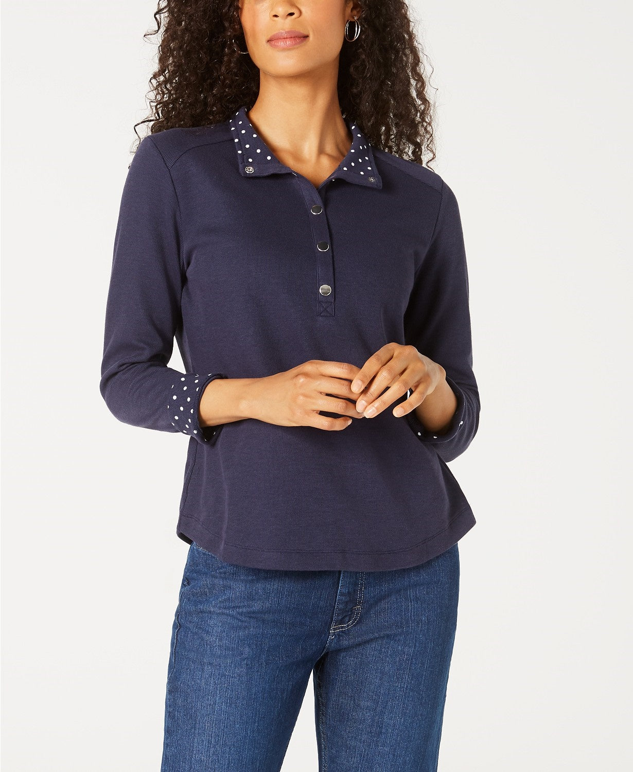 Karen Scott Women's Petite Solid & Printed Collared Top Blue Size Petite Petite
