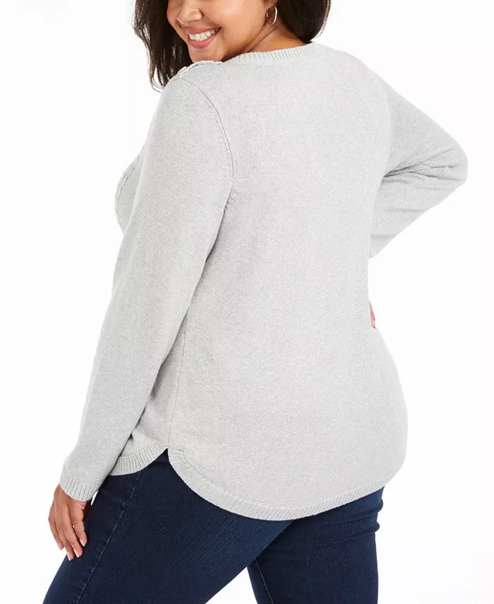 Charter Club Women's Plus Size Cable-Knit Button-Trim Sweater  Gray Size Extra Large