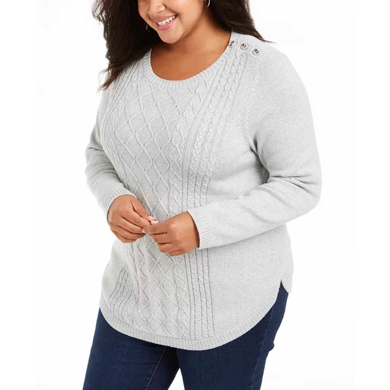 Charter Club Women's Plus Size Cable-Knit Button-Trim Sweater Gray Size 2 X-Large