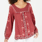 Style & Co Women's Cotton Blend Printed Peasant Knit Top Dark Red Size Medium