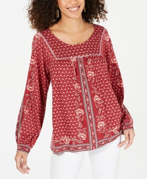 Style & Co Women's Printed Peasant Top Blue Size Medium