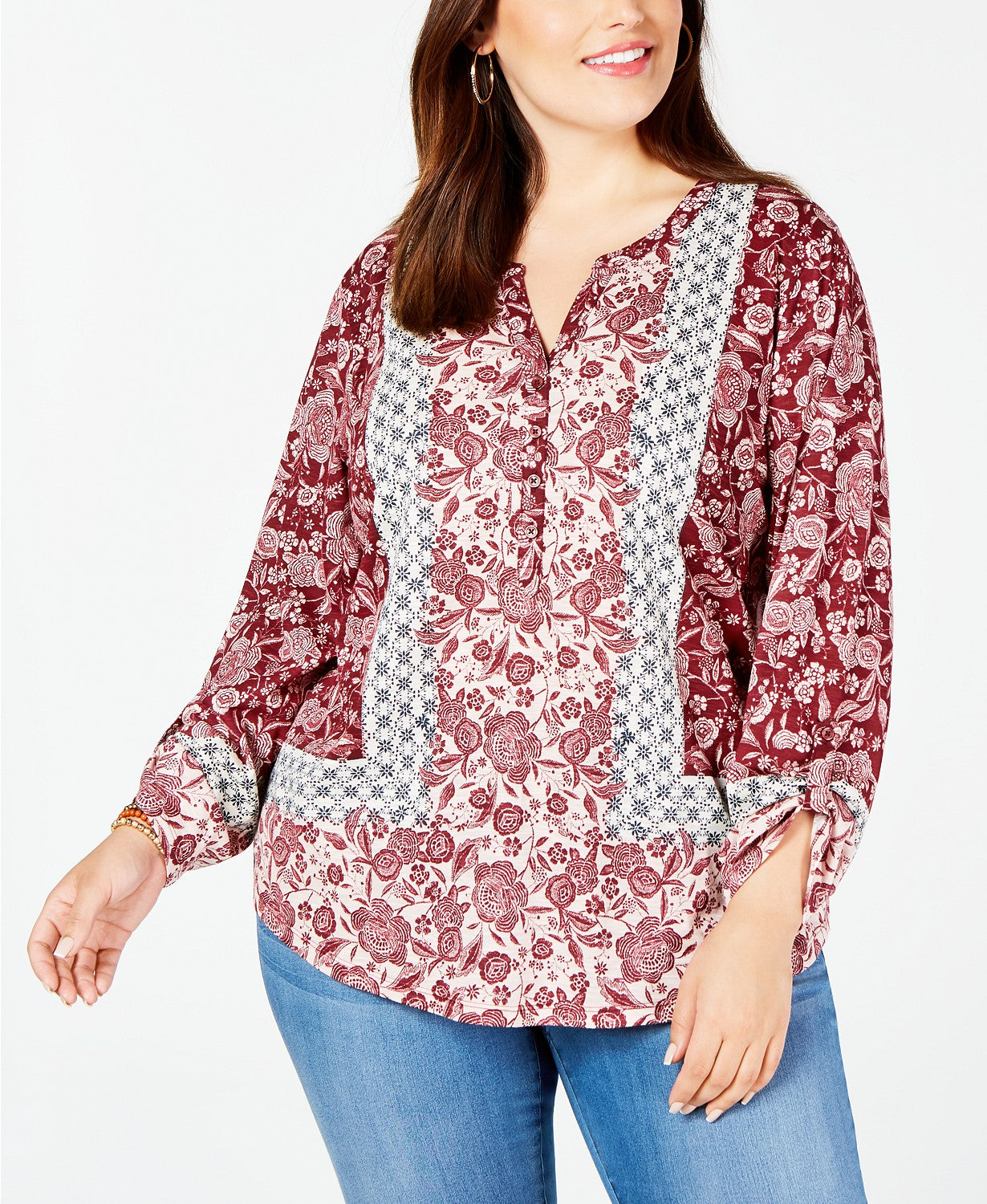 Style & Co Women's Plus Size Printed Top  Dark Red Size 1X