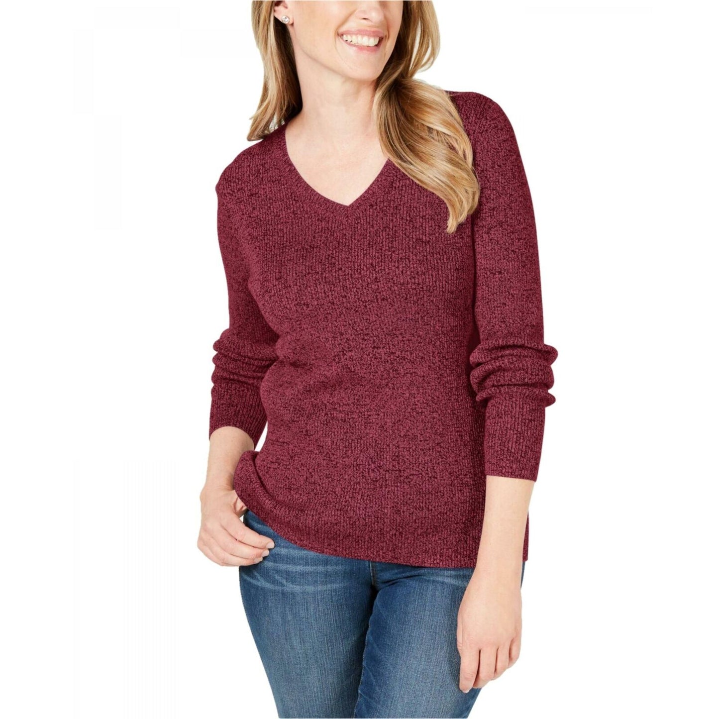 Karen Scott Women's Ribbed V-Neck Sweater  Bright Red Size Small