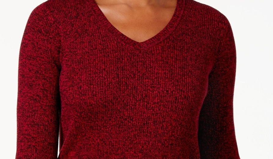 Karen Scott Women's Cotton Ribbed Marled Sweater Bright Red Petite Small
