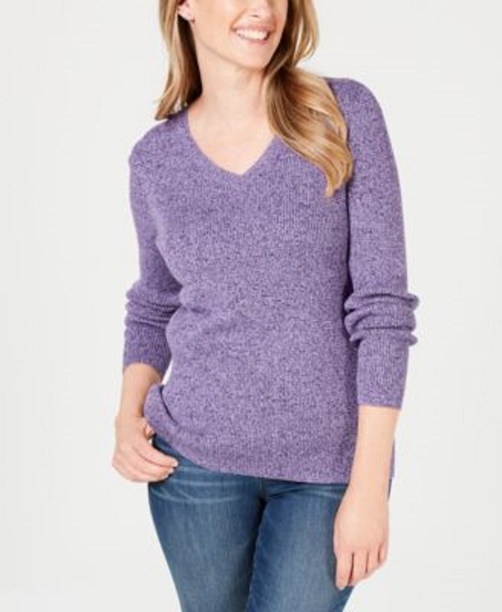 Karen Scott Women's Petite Cotton Ribbed Marled Sweater Purple Size Petite