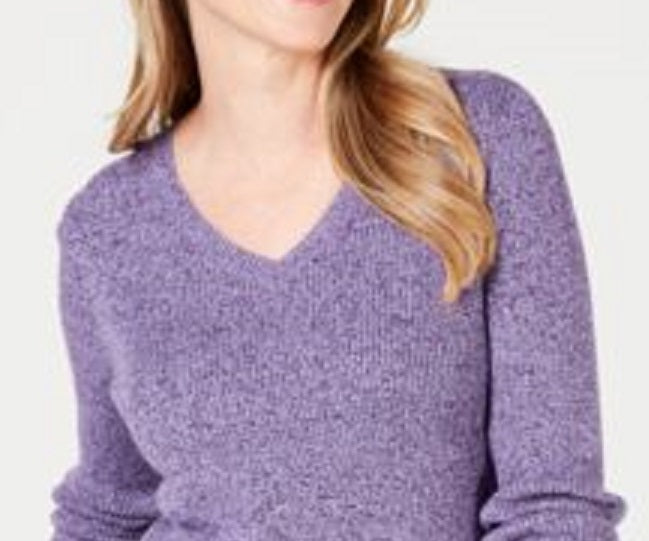 Karen Scott Women's Petite Cotton Ribbed Marled Sweater Purple Size Petite